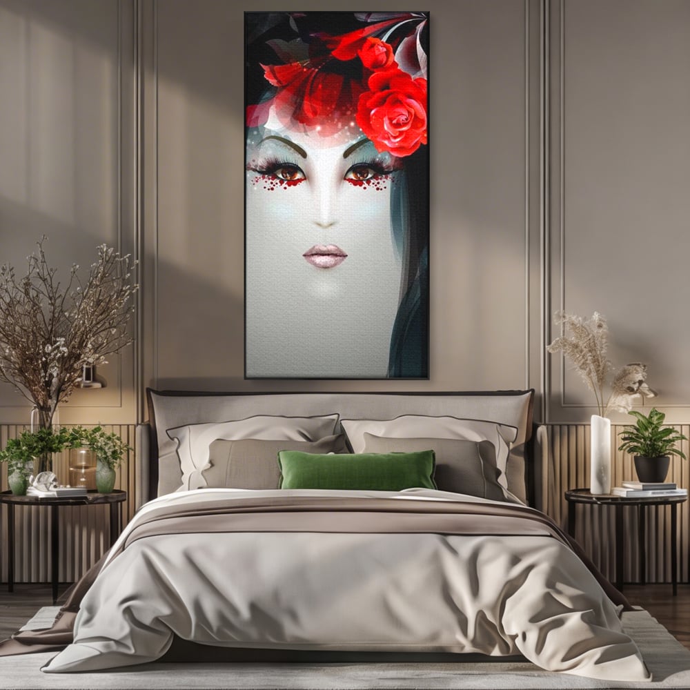 Tablou canvas cu tablou portret feminin cu trandafiri rosii, in rama de aluminiu negru, pe perete intr-un dormitor